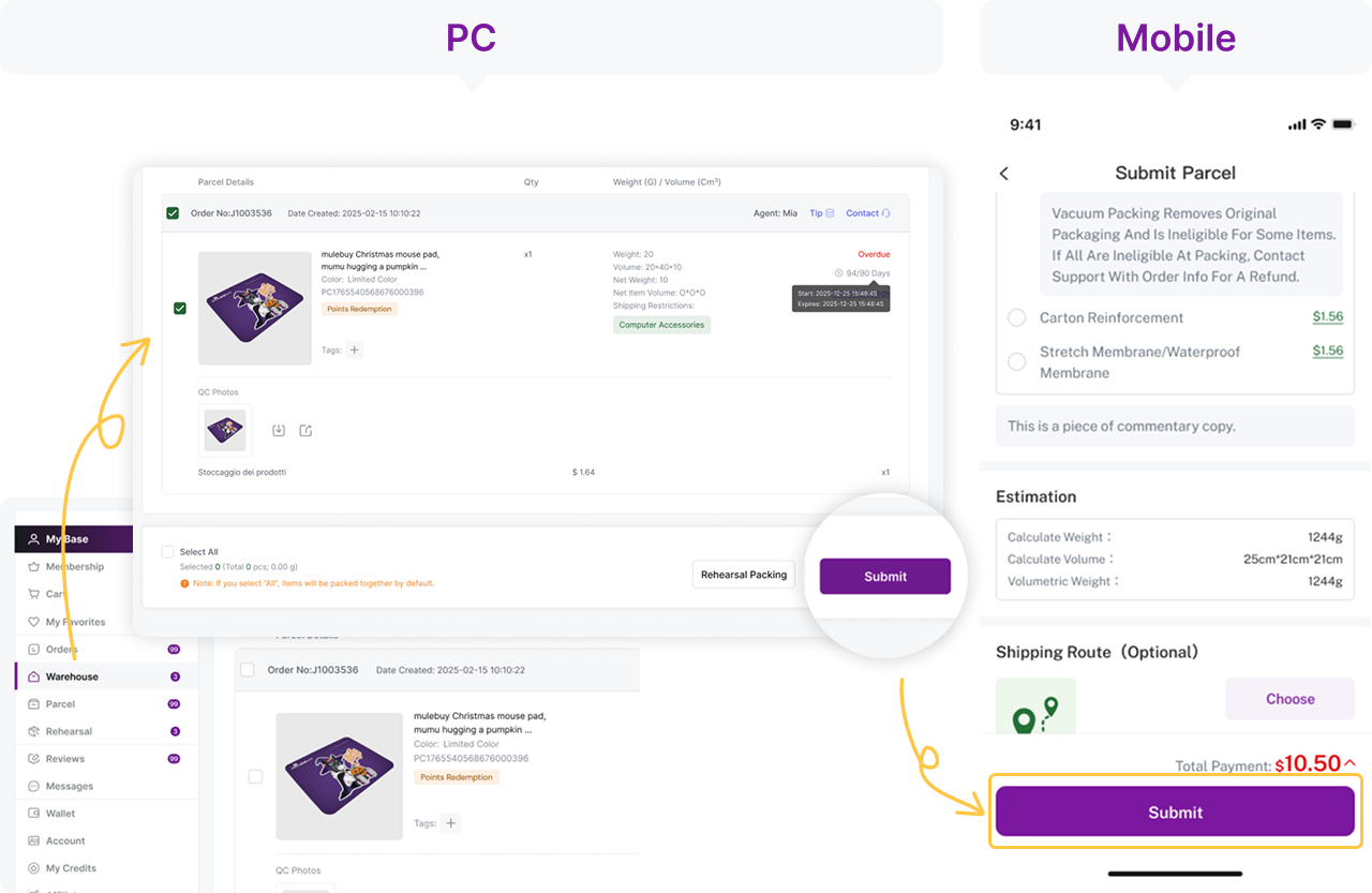Submit Parcel reúne mercancía, embalaje y opciones de ruta en el ejemplo histórico.