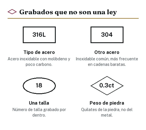 Cuatro números que aparecen grabados en joyas y no indican pureza: 316L, 304, una talla y un peso en quilates