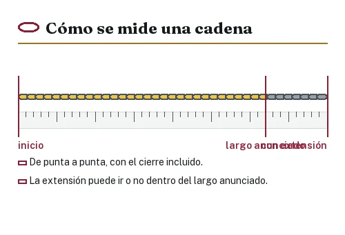 Cadena extendida sobre una regla con el largo principal y la cadena de extensión marcados
